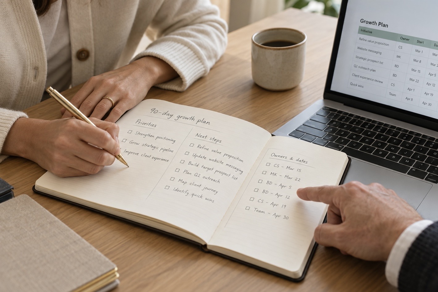 Hands reviewing a 90-day growth plan in a notebook beside a laptop